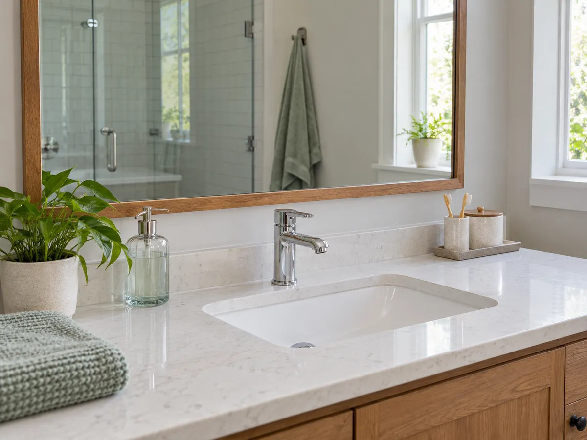 Clean bathroom basin and mirror