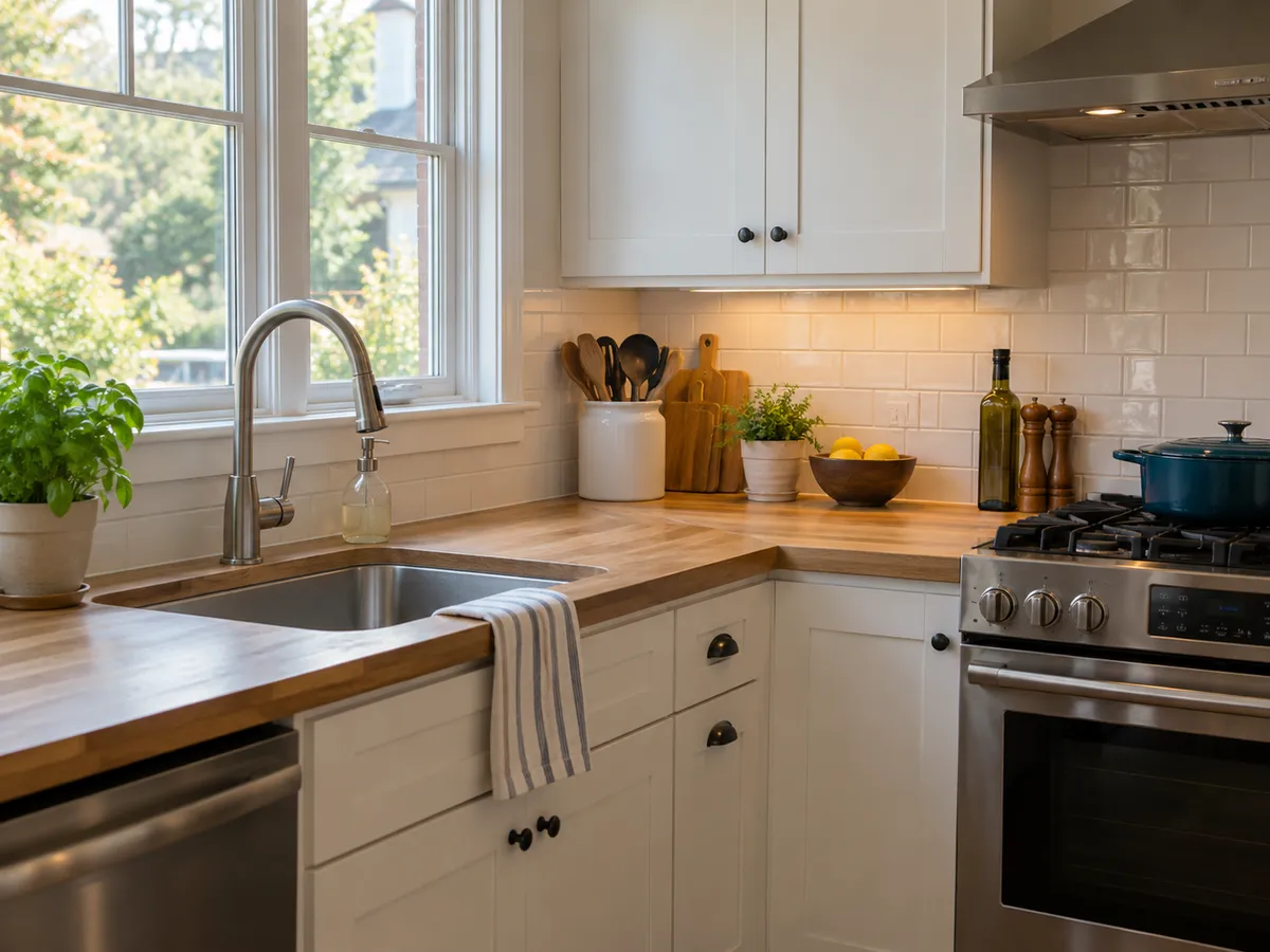 Clean kitchen countertop, sink and stovetop